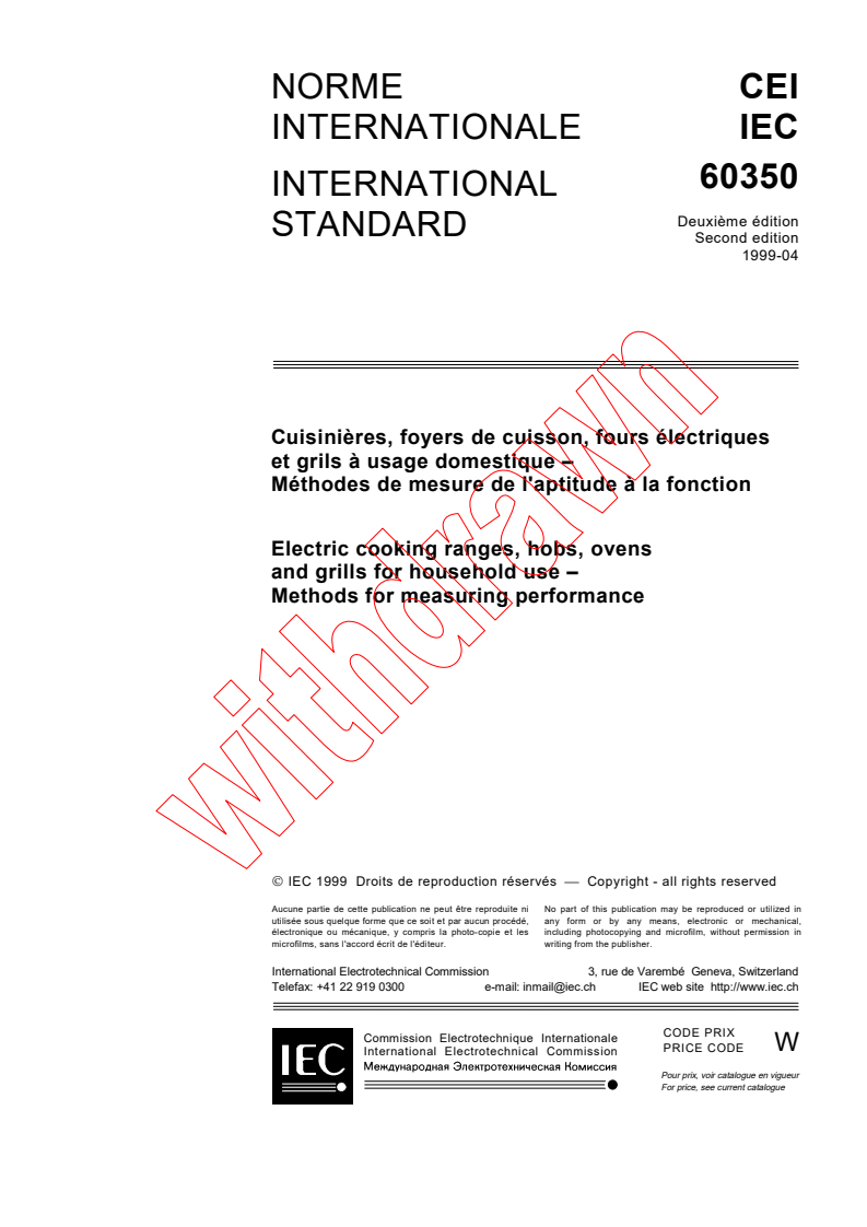 IEC 60350:1999 - Electric cooking ranges, hobs, ovens and grills for household use - Methods for measuring performance
Released:4/30/1999
Isbn:2831847303