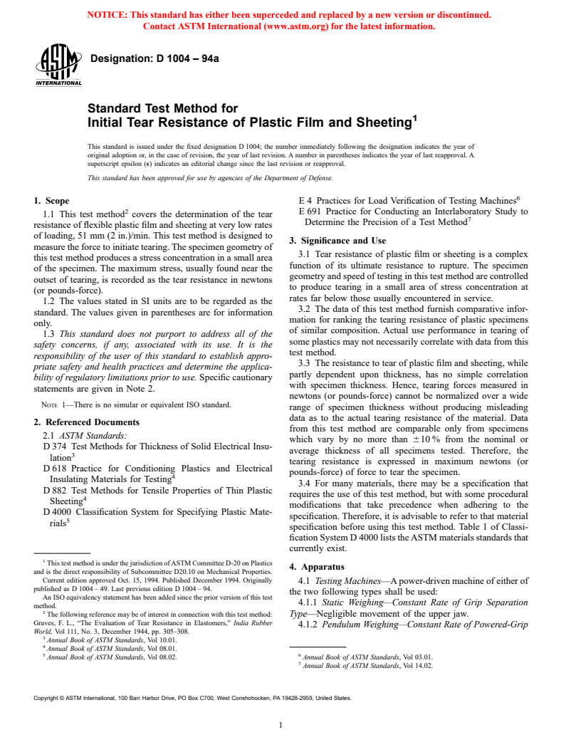 ASTM D1004-94a - Standard Test Method for Initial Tear Resistance of Plastic Film and Sheeting