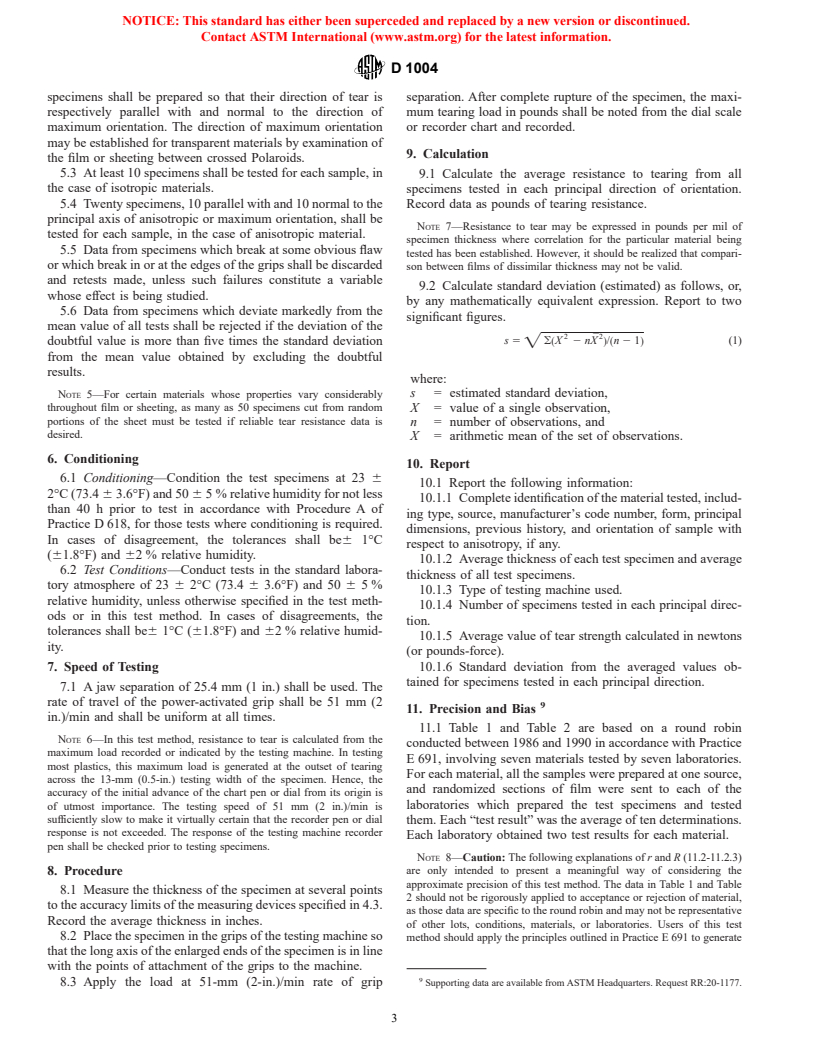 ASTM D1004-94a - Standard Test Method for Initial Tear Resistance of Plastic Film and Sheeting