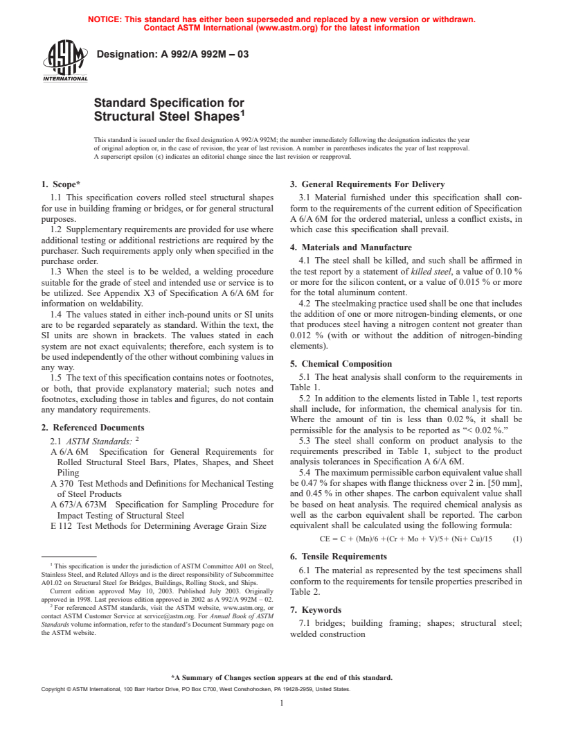 ASTM A992/A992M-03 - Standard Specification for Structural Steel Shapes