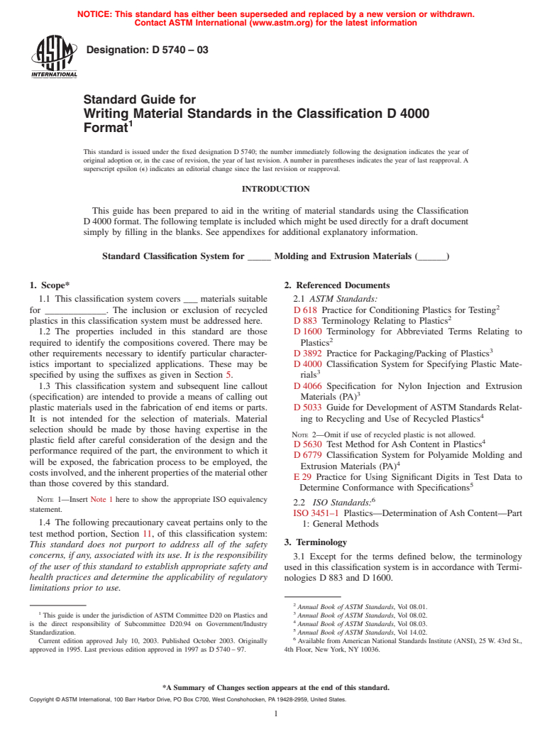 ASTM D5740-03 - Standard Guide for Writing Material Standards in the Classification D4000 Format