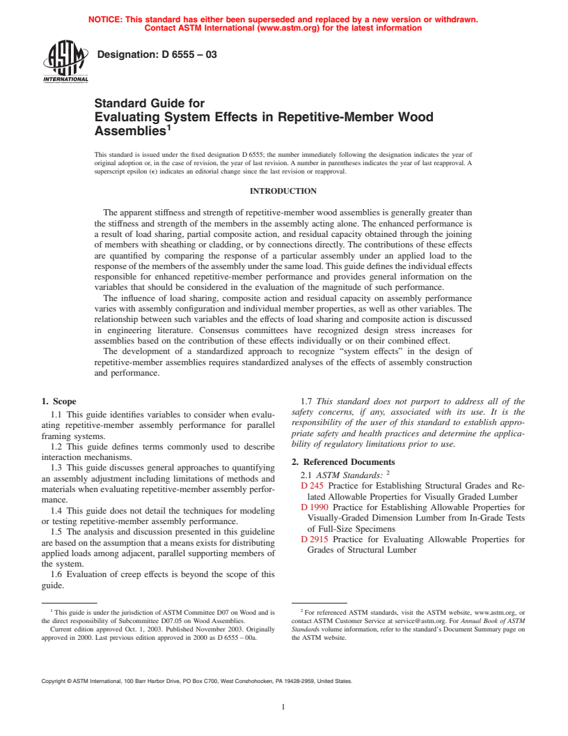 ASTM D6555-03 - Guide for Evaluating System Effects in Repetitive-Member Wood Assemblies