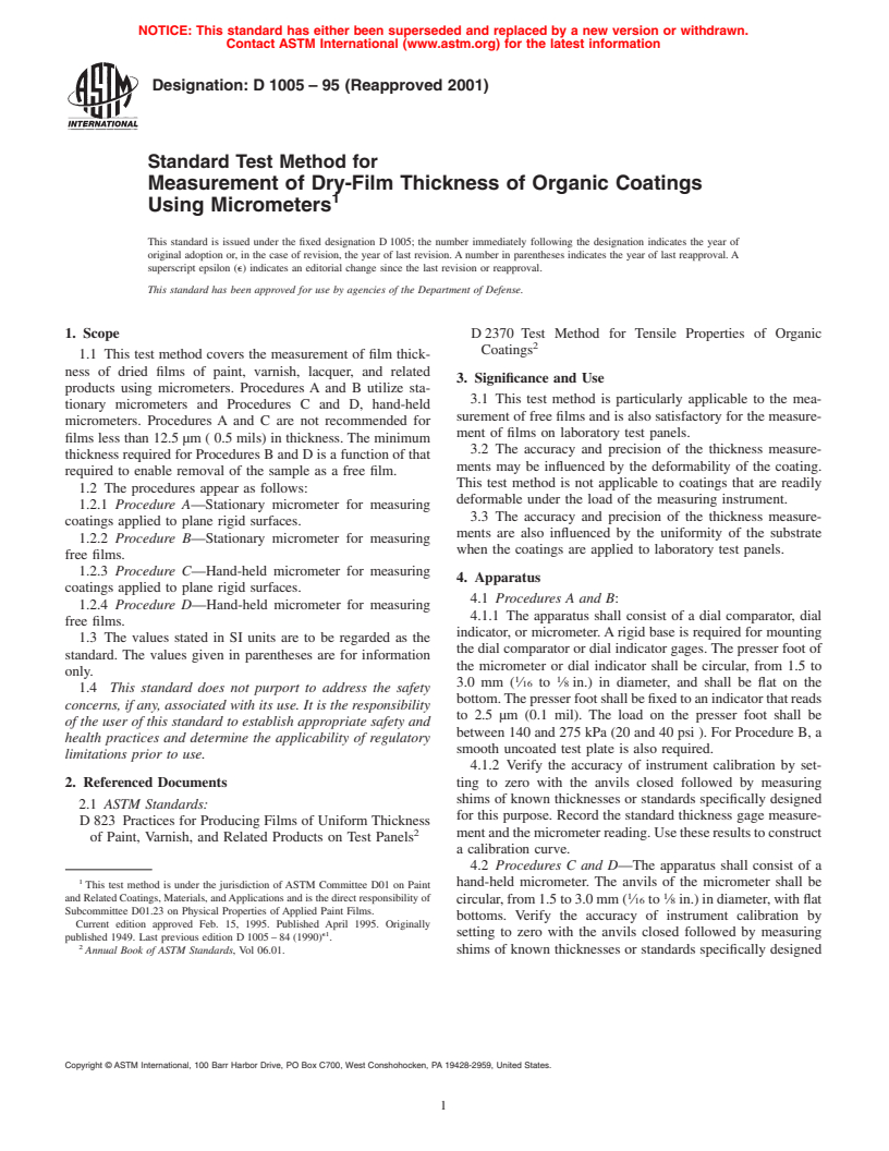 ASTM D1005-95(2001) - Standard Test Method for Measurement of Dry-Film Thickness of Organic Coatings Using Micrometers