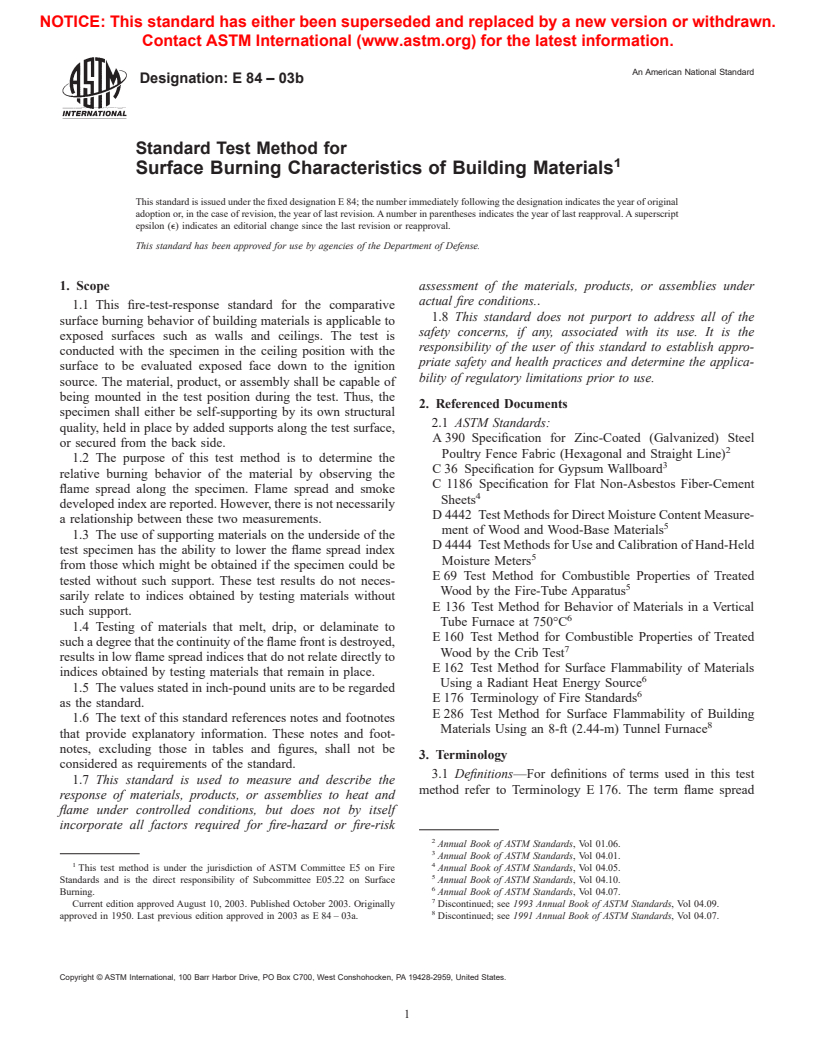 ASTM E84-03b - Standard Test Method for Surface Burning Characteristics of Building Materials