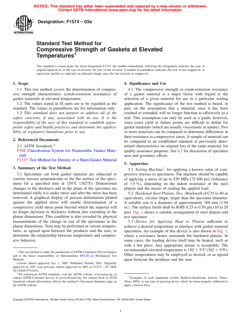 ASTM F1574-03a - Standard Test Method for Compressive Strength of Gaskets at Elevated Temperatures