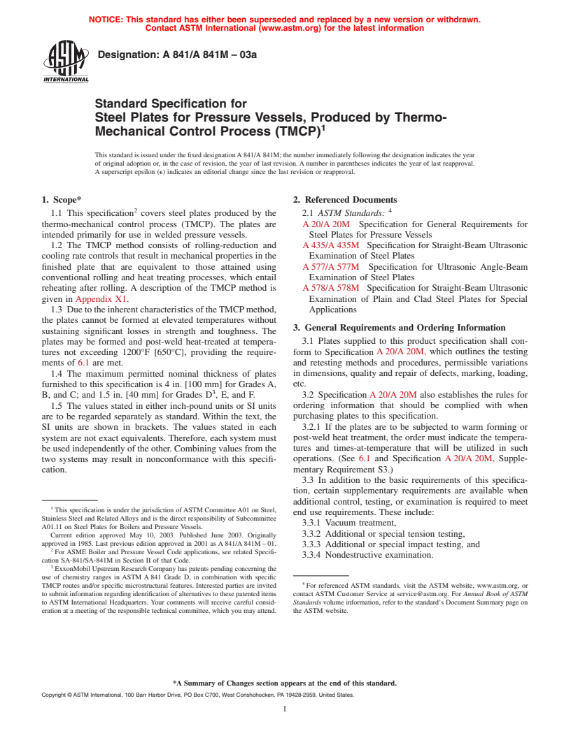 ASTM A841/A841M-03a - Standard Specification for Steel Plates for Pressure Vessels, Produced by Thermo-Mechanical Control Process (TMCP)