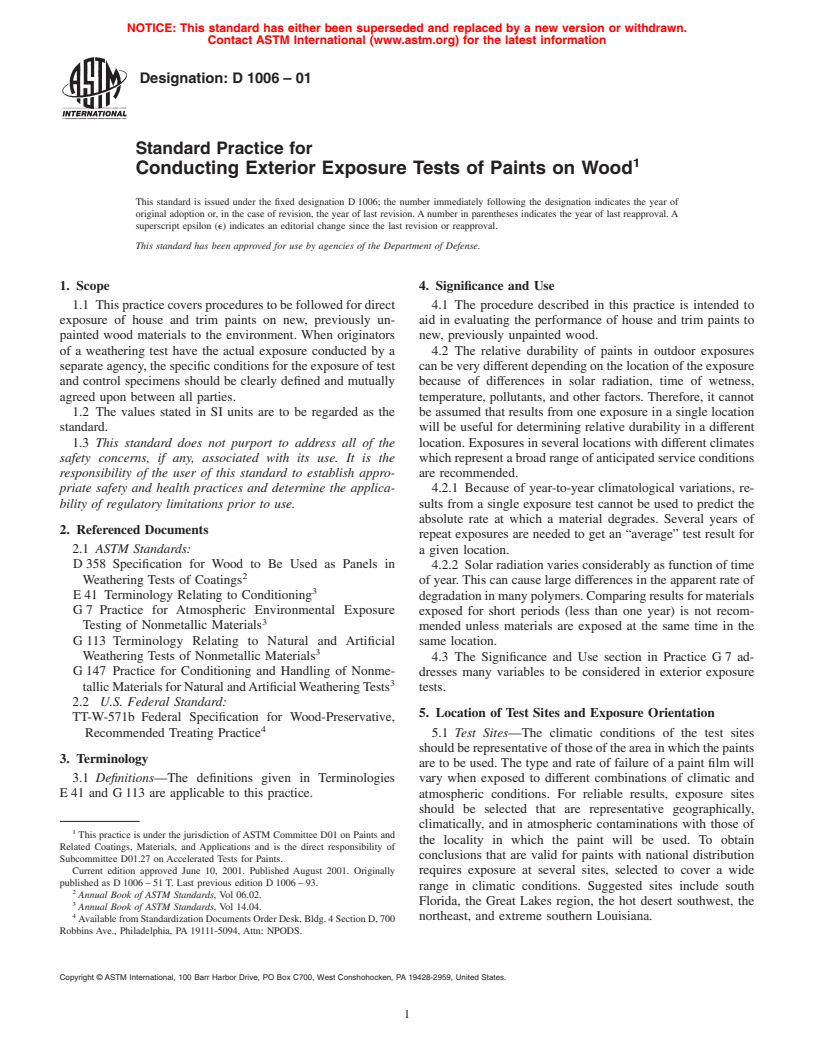 ASTM D1006-01 - Standard Practice for Conducting Exterior Exposure Tests of Paints on Wood