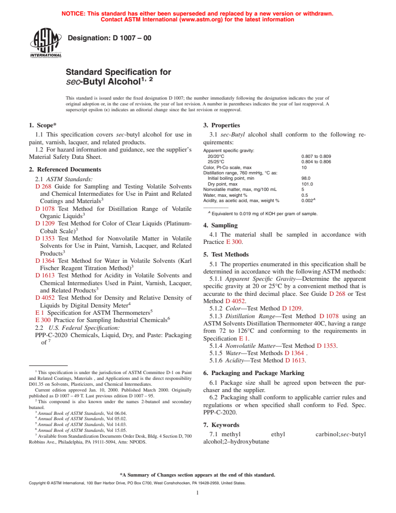 ASTM D1007-00 - Standard Specification for <i>sec</i>-Butyl Alcohol