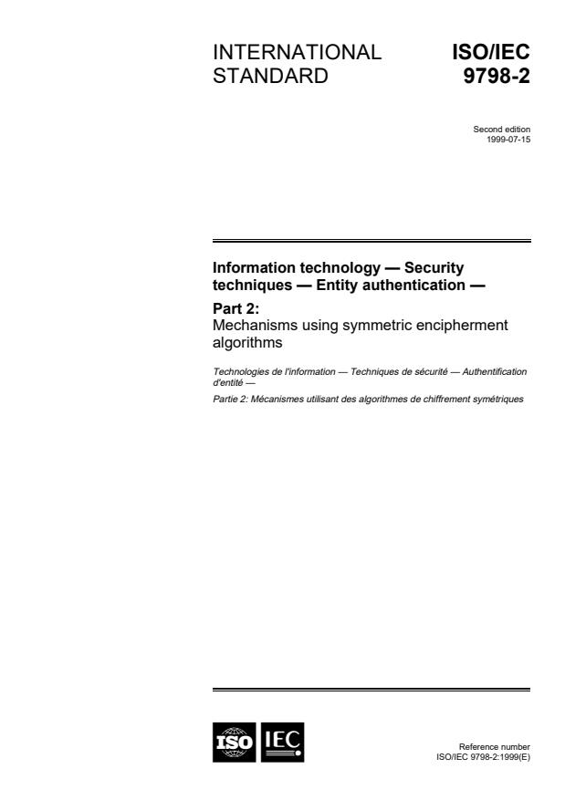ISO/IEC 9798-2:1999 - Information technology -- Security techniques -- Entity authentication