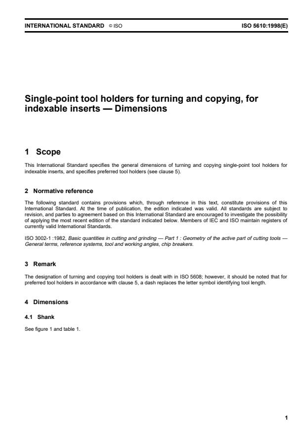 ISO 5610:1998 - Single-point tool holders for turning and copying, for indexable inserts -- Dimensions