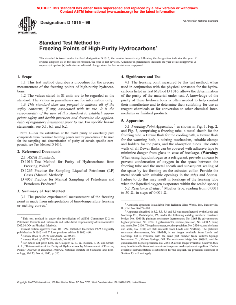 ASTM D1015-99 - Standard Test Method for Freezing Points of High-Purity Hydrocarbons