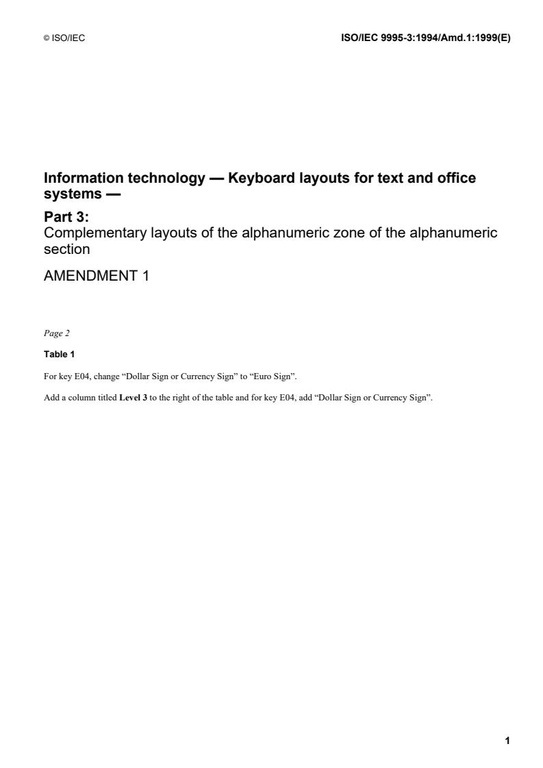 ISO/IEC 9995-3:1994/Amd 1:1999 - Information technology — Keyboard layouts for text and office systems — Part 3: Complementary layouts of the alphanumeric zone of the alphanumeric section — Amendment 1
Released:1/21/1999