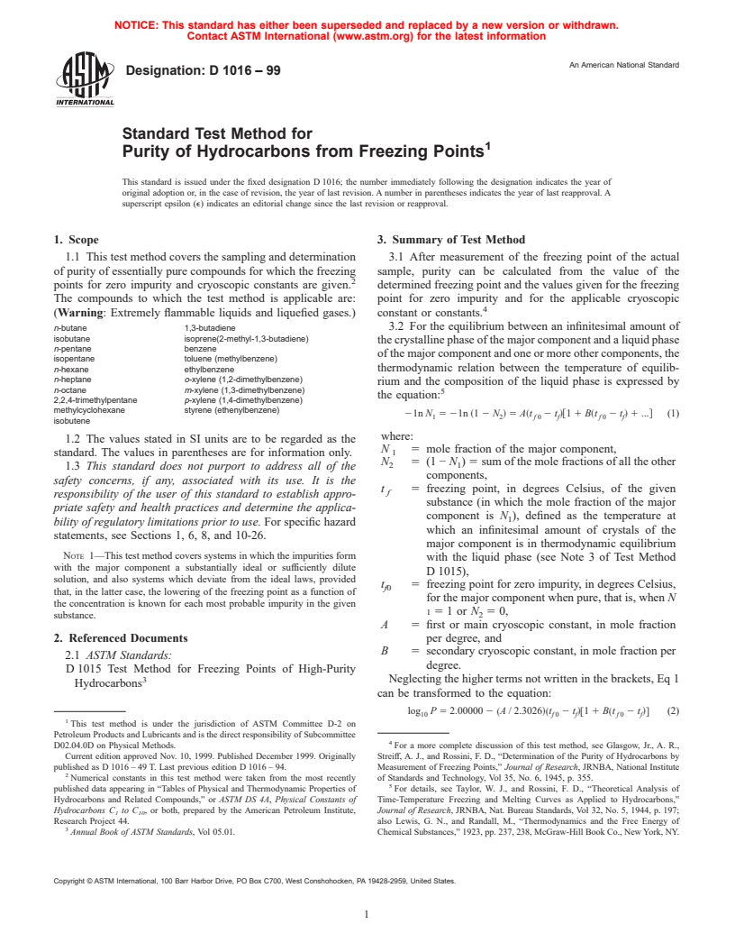 ASTM D1016-99 - Standard Test Method for Purity of Hydrocarbons from Freezing Points