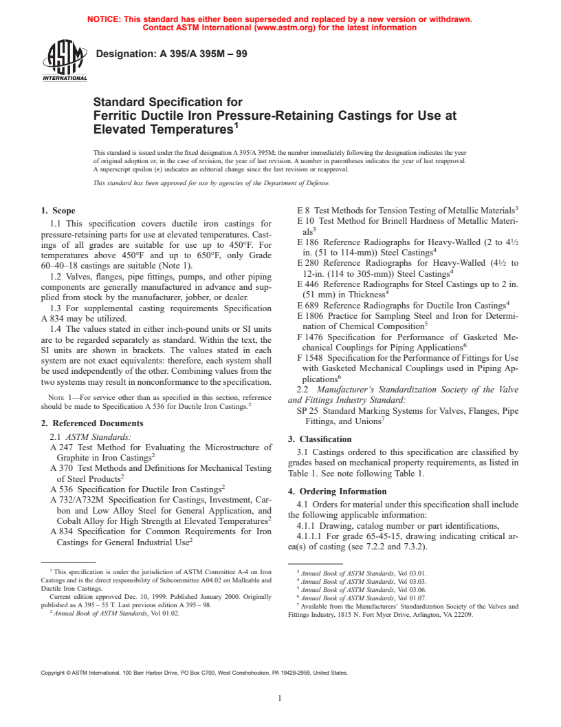 ASTM A395/A395M-99 - Standard Specification for Ferritic Ductile Iron Pressure-Retaining Castings for Use at Elevated Temperatures