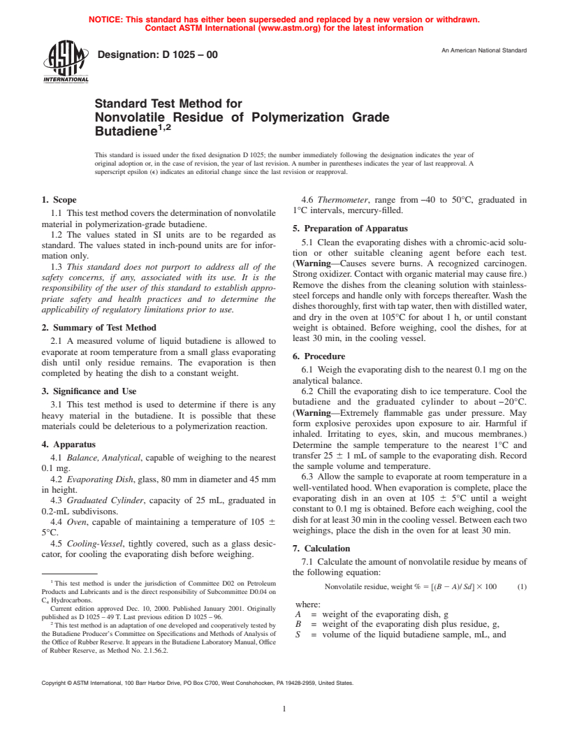 ASTM D1025-00 - Standard Test Method for Nonvolatile Residue of Polymerization Grade Butadiene