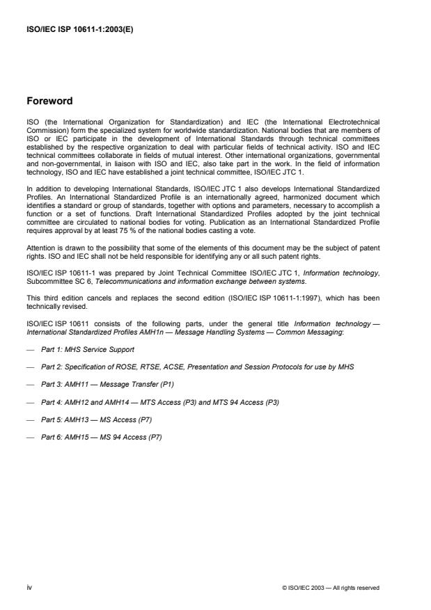 ISO/IEC ISP 10611-1:2003 ISO/IEC ISP 10611-1:2003 - Information technology -- International Standardized Profiles AMH1n -- Message Handling Systems -- Common Messaging - Page 4 preview