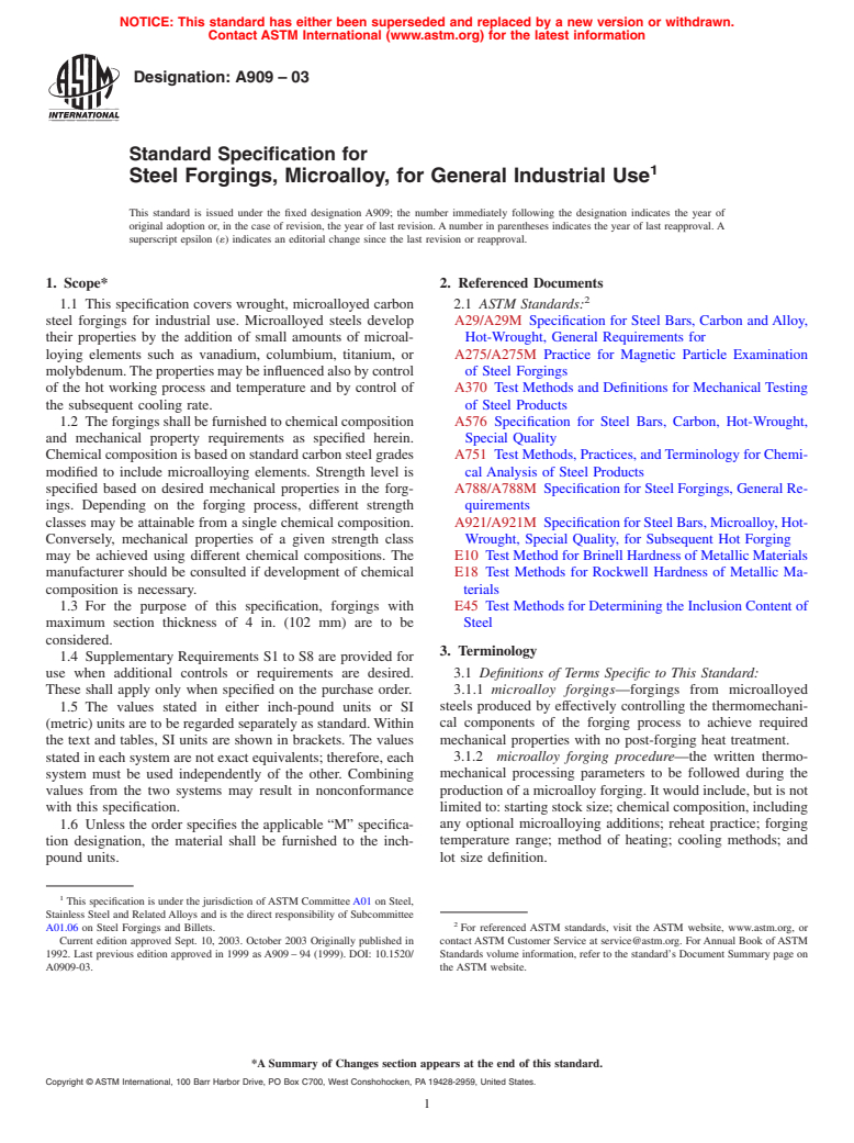 ASTM A909-03 - Standard Specification for Steel Forgings, Microalloy, for General Industrial Use