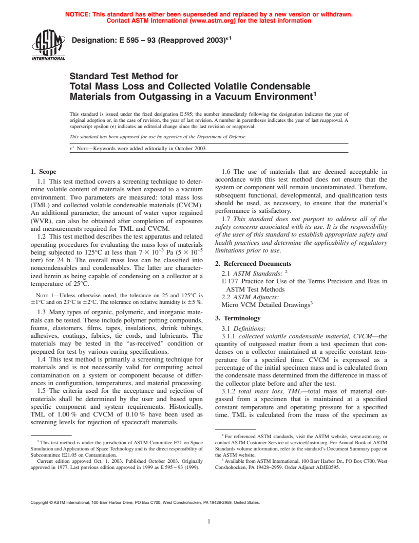 ASTM E595-93(2003)e1 - Standard Test Method for Total Mass Loss and Collected Volatile Condensable Materials from Outgassing in a Vacuum Environment