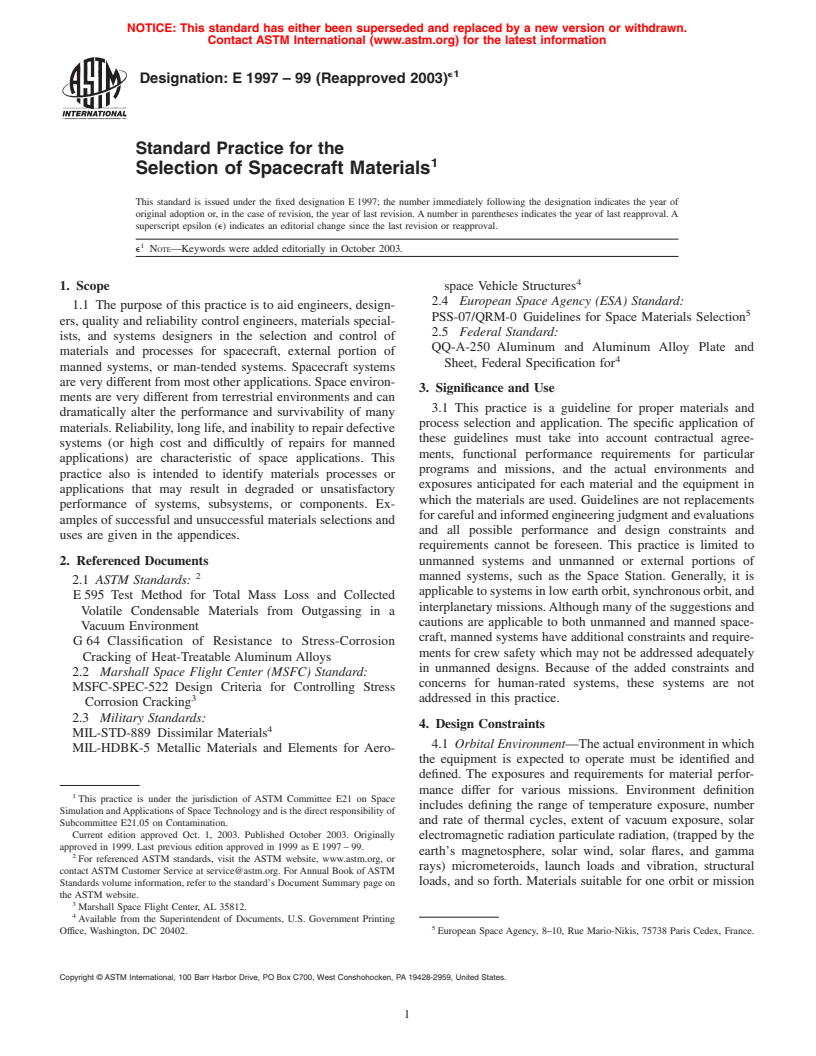 ASTM E1997-99(2003)e1 - Standard Practice for the Selection of Spacecraft Materials