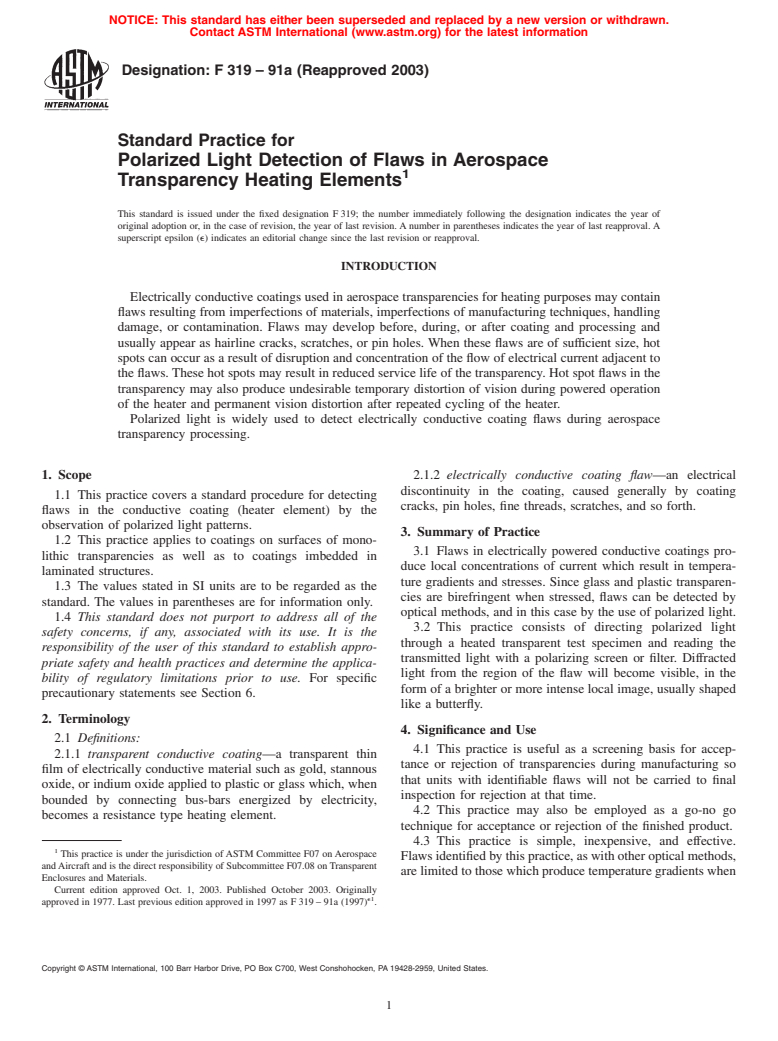 ASTM F319-91a(2003) - Standard Practice for Polarized Light Detection of Flaws in Aerospace Transparency Heating Elements