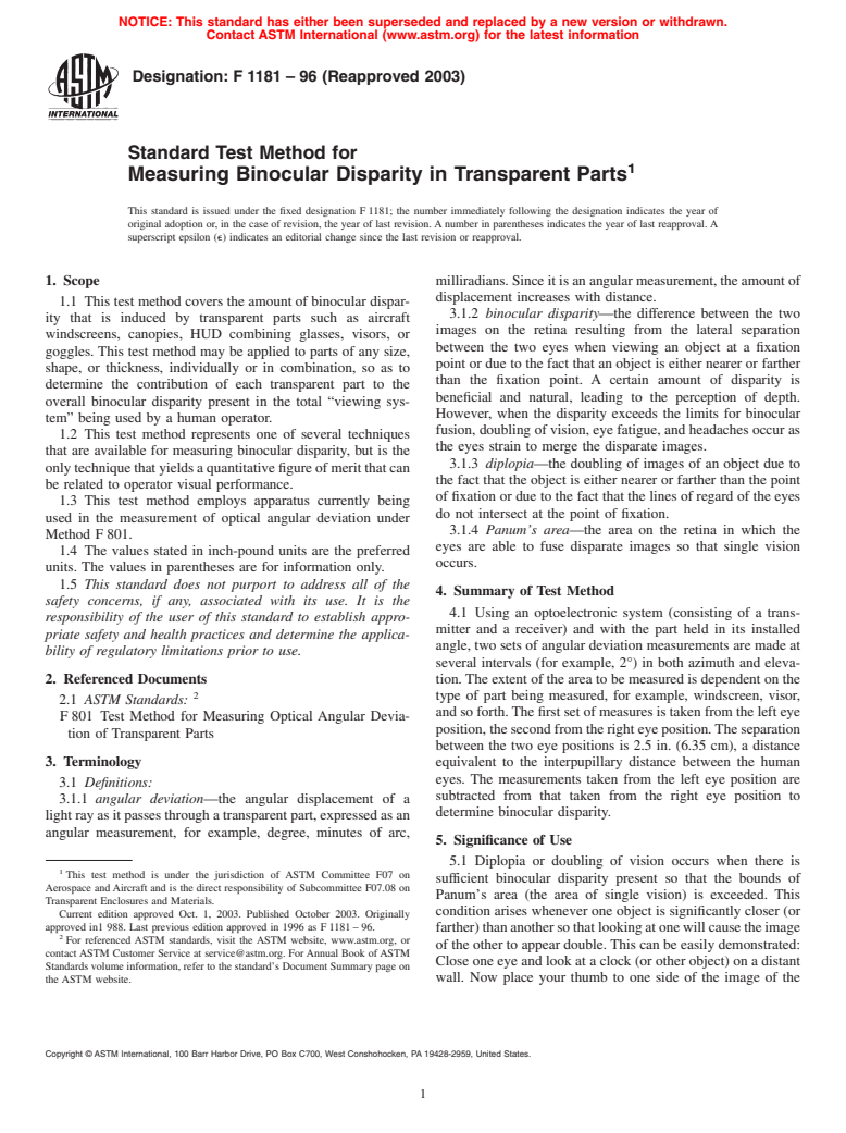 ASTM F1181-96(2003) - Standard Test Method for Measuring Binocular Disparity in Transparent Parts