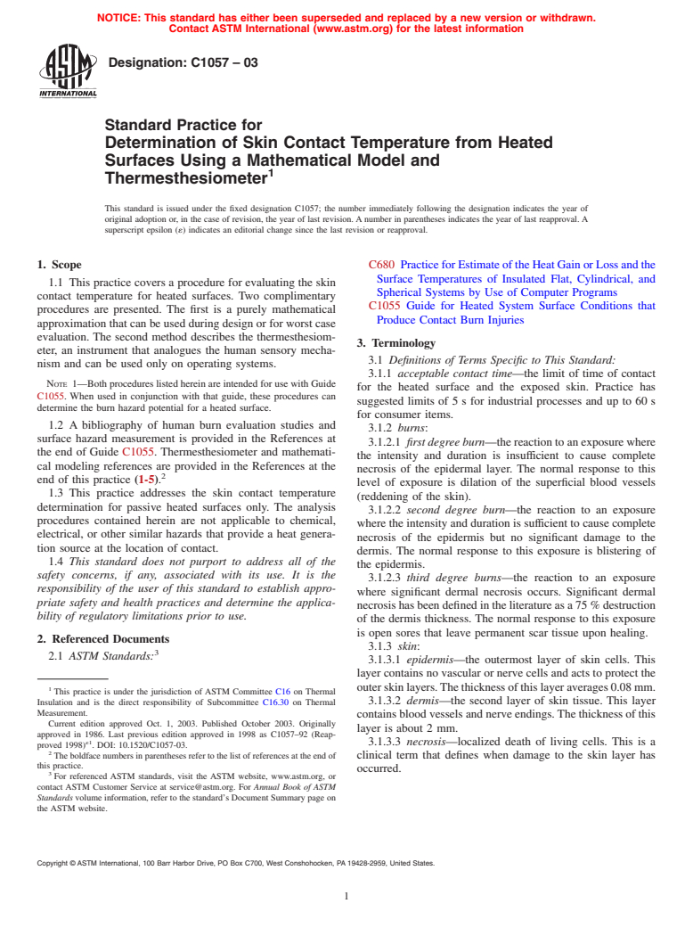 ASTM C1057-03 - Standard Practice for Determination of Skin Contact Temperature from Heated Surfaces Using A Mathematical Model and Thermesthesiometer