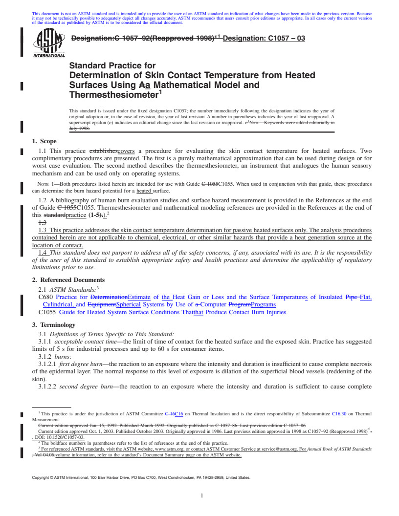 REDLINE ASTM C1057-03 - Standard Practice for Determination of Skin Contact Temperature from Heated Surfaces Using A Mathematical Model and Thermesthesiometer