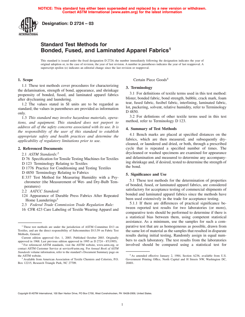 ASTM D2724-03 - Standard Test Methods for Bonded, Fused, and Laminated Apparel Fabrics