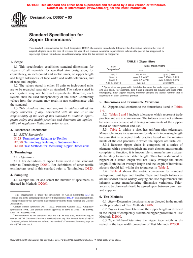 ASTM D3657-03 - Standard Specification for Zipper Dimensions