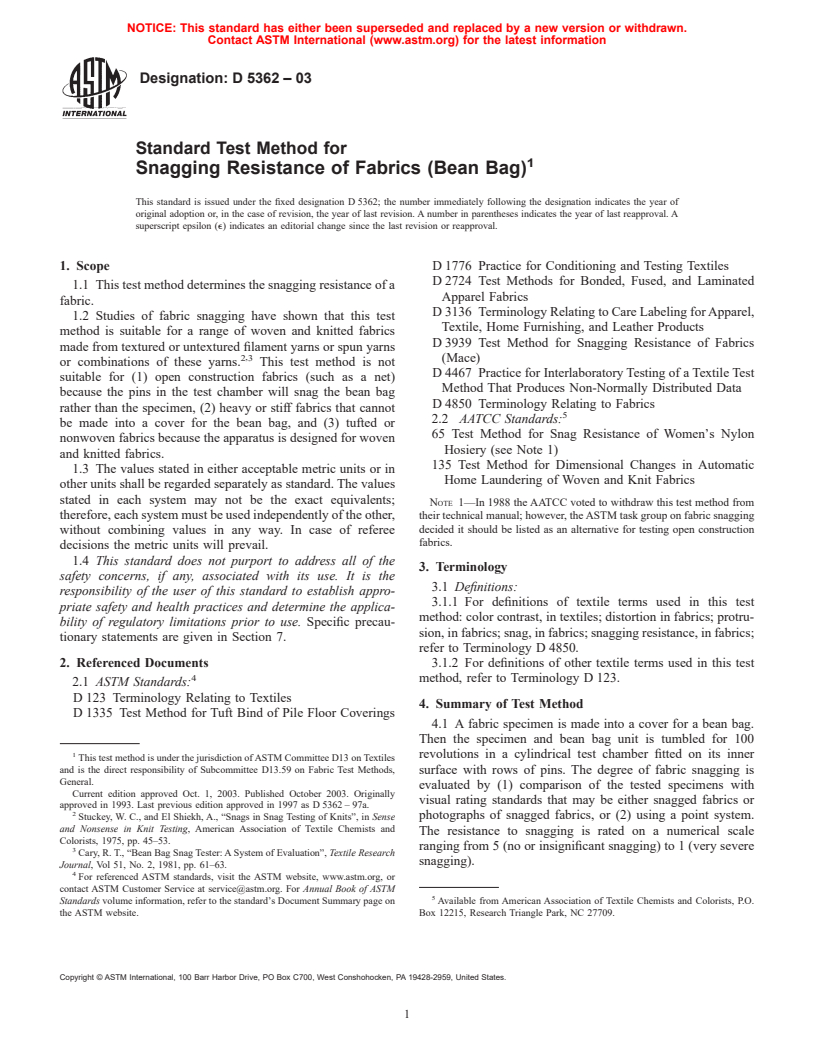 ASTM D5362-03 - Standard Test Method for Snagging Resistance of Fabrics (Bean Bag)