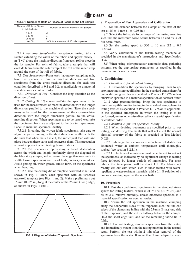 ASTM D5587-03 - Standard Test Method for Tearing Strength of Fabrics by Trapezoid Procedure
