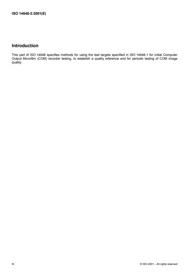 ISO 14648-2:2001 ISO 14648-2:2001 - Micrographics -- Quality control of COM recorders that generate images using a single internal display system - Page 4 preview