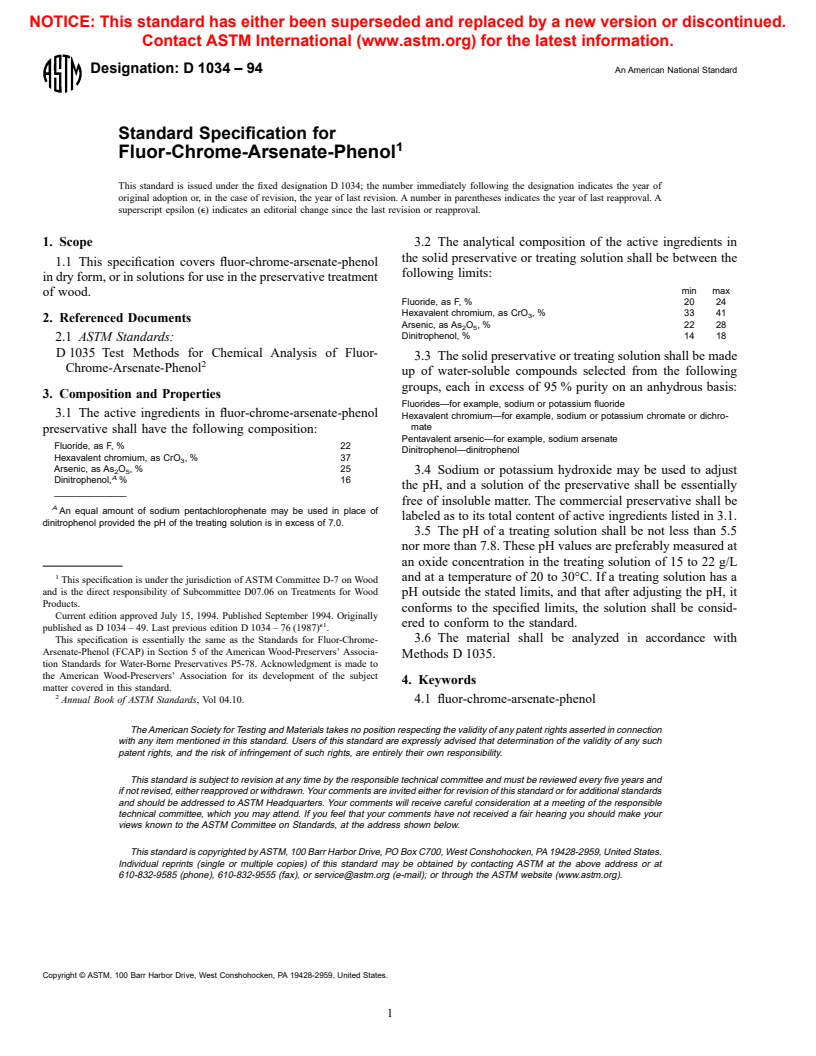 ASTM D1034-94 - Standard Specification for Fluor-Chrome-Arsenate-Phenol (Withdrawn 2000)