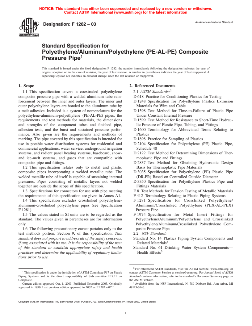 ASTM F1282-03 - Standard Specification for Polyethylene/Aluminum/Polyethylene (PE-AL-PE) Composite Pressure Pipe