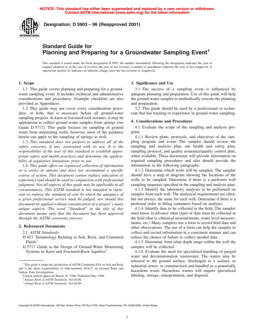 ASTM D5903-96(2001) - Standard Guide for Planning and Preparing for a Groundwater Sampling Event