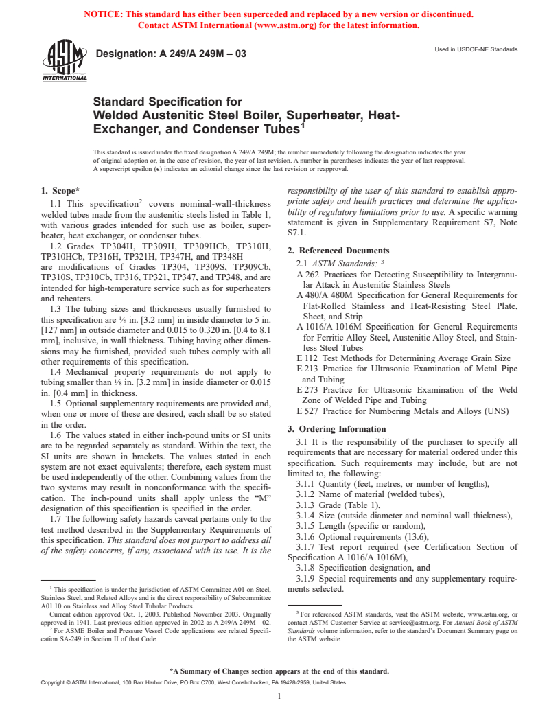 ASTM A249/A249M-03 - Standard Specification for Welded Austenitic Steel Boiler, Superheater, Heat-Exchanger, and Condenser Tubes