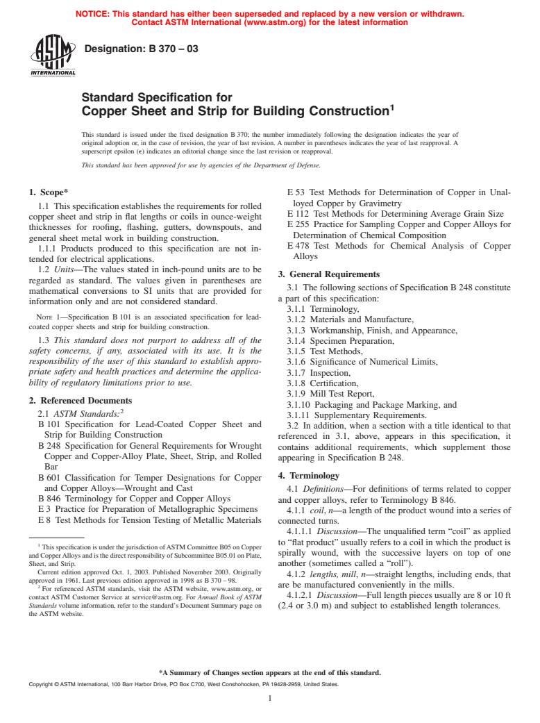 ASTM B370-03 - Standard Specification for Copper Sheet and Strip for Building Construction