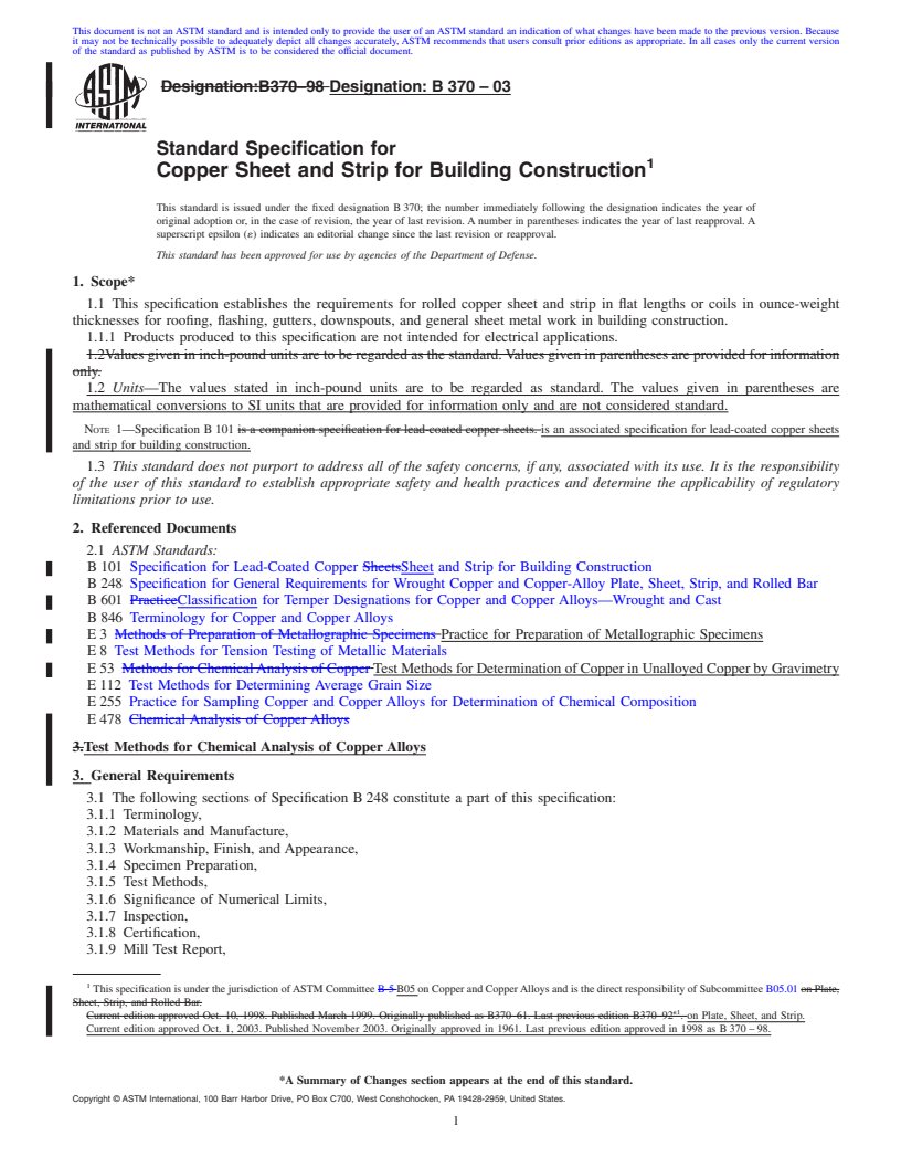 REDLINE ASTM B370-03 - Standard Specification for Copper Sheet and Strip for Building Construction