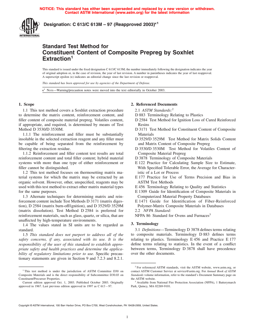 ASTM C613/C613M-97(2003)e1 - Standard Test Method for Constituent Content of Composite Prepreg by Soxhlet Extraction