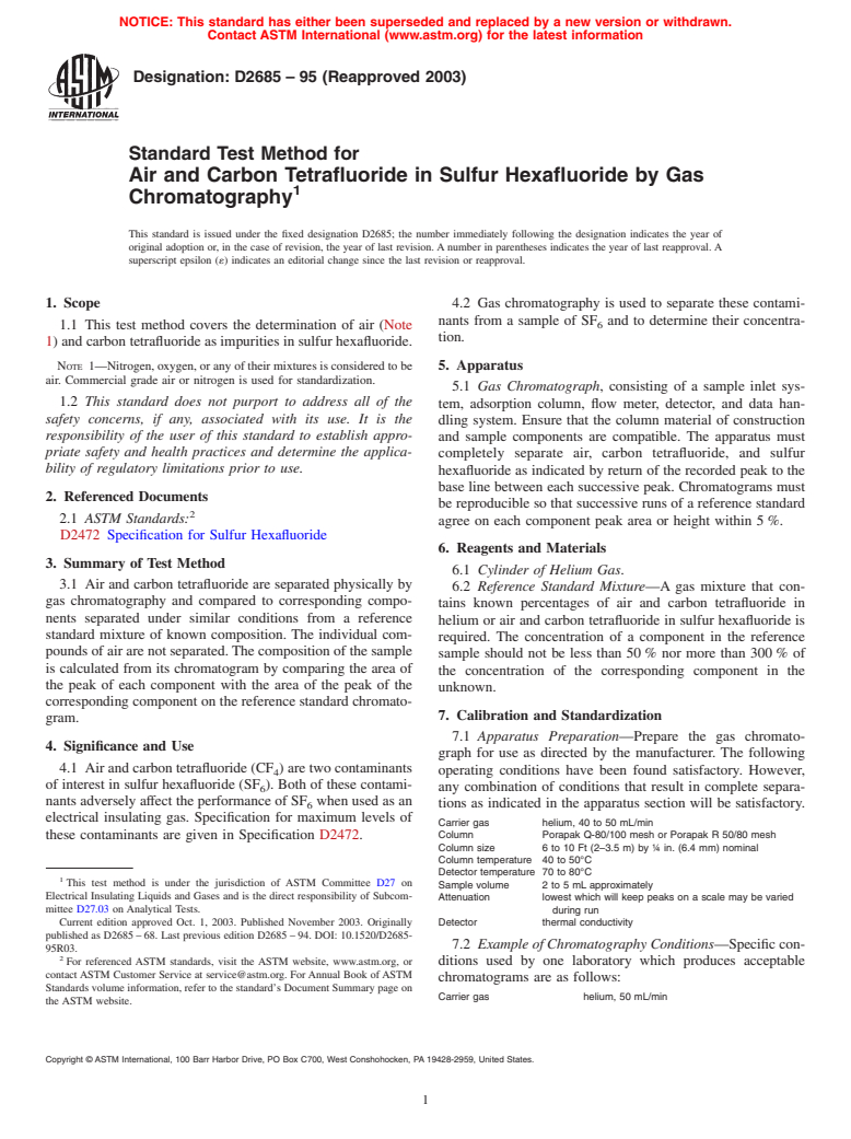 ASTM D2685-95(2003) - Standard Test Method for Air and Carbon Tetrafluoride in Sulfur Hexafluoride by Gas Chromatography