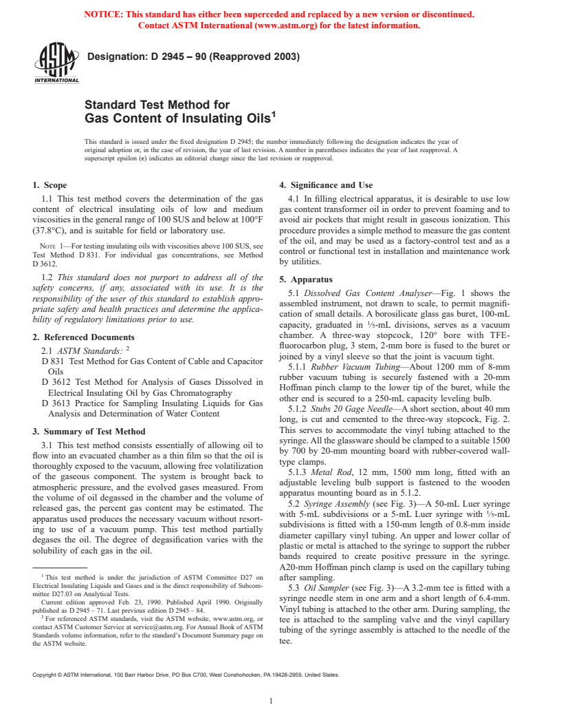 ASTM D2945-90(2003) - Standard Test Method for Gas Content of Insulating Oils