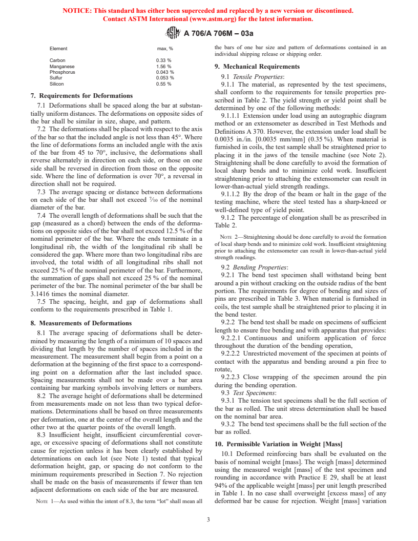 ASTM A706/A706M-03a - Standard Specification for Low-Alloy Steel Deformed and Plain Bars for Concrete Reinforcement