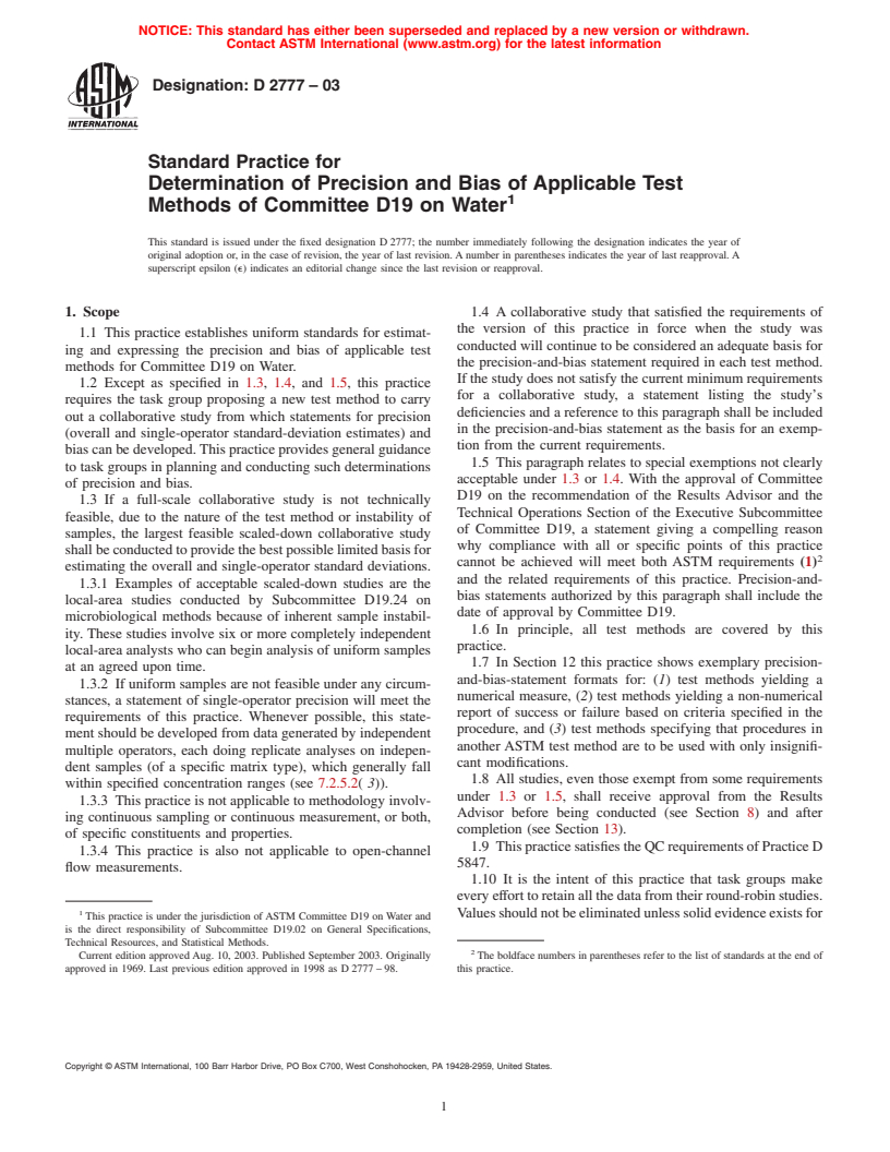 ASTM D2777-03 - Standard Practice for Determination of Precision and Bias of Applicable Methods of Committee D-19 on Water