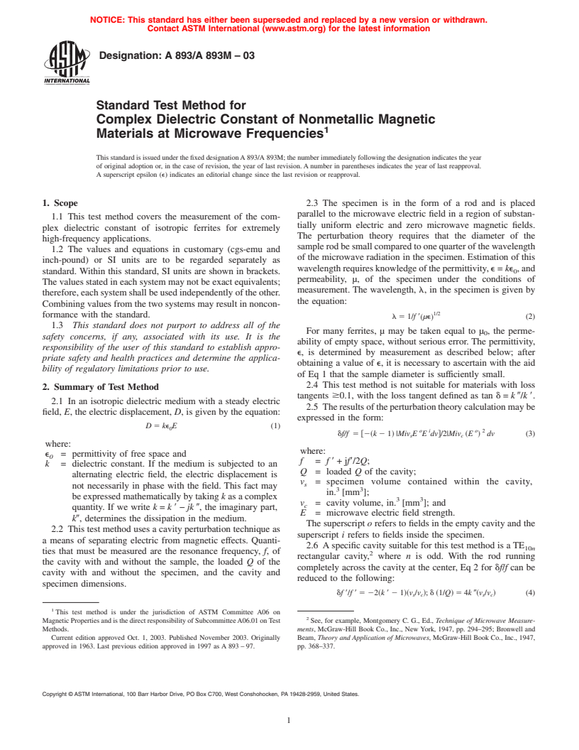 ASTM A893/A893M-03 - Standard Test Method for Complex Dielectric Constant of Nonmetallic Magnetic Materials at Microwave Frequencies