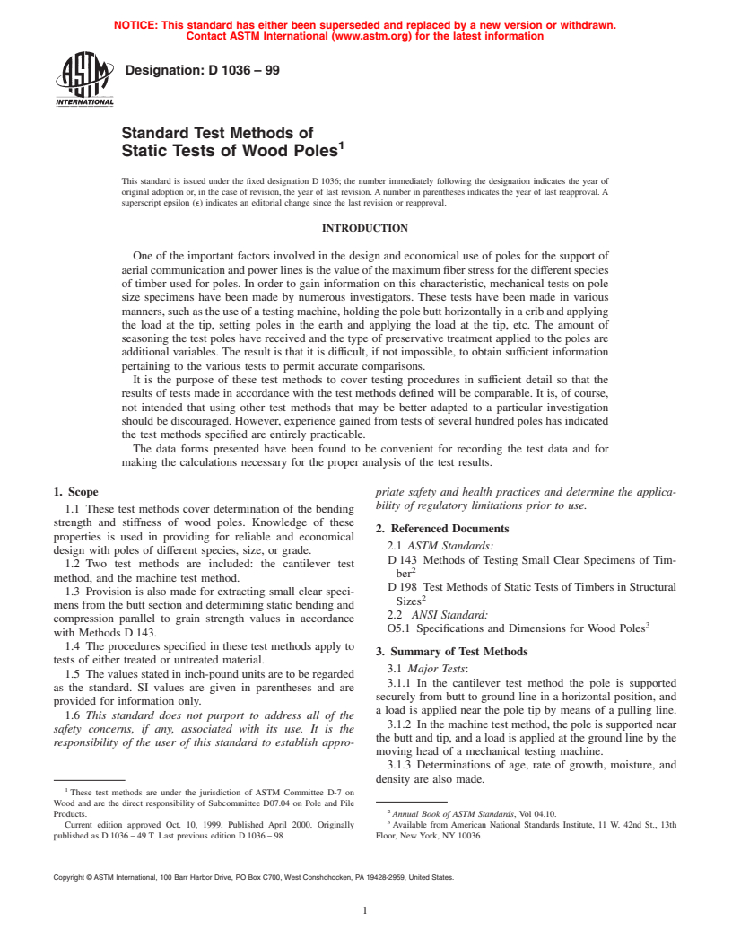 ASTM D1036-99 - Standard Test Methods of Static Tests of Wood Poles