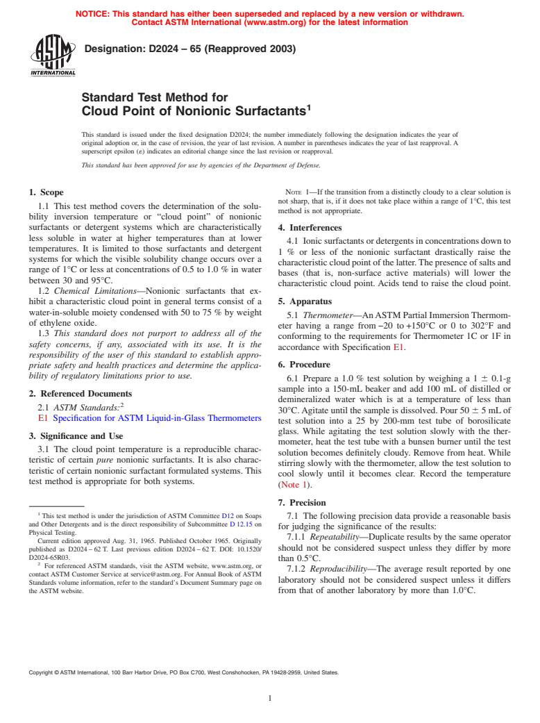 ASTM D2024-65(2003) - Standard Test Method for Cloud Point of Nonionic Surfactants