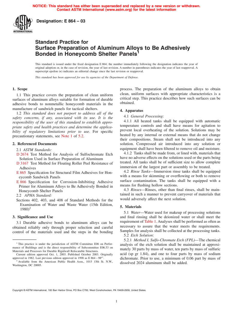 ASTM E864-03 - Standard Practice for Surface Preparation of Aluminum Alloys to be Adhesively Bonded in Honeycomb Shelter Panels
