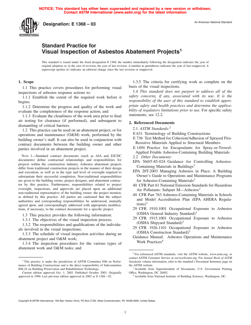 ASTM E1368-03 - Standard Practice for Visual Inspection of Asbestos Abatement Projects