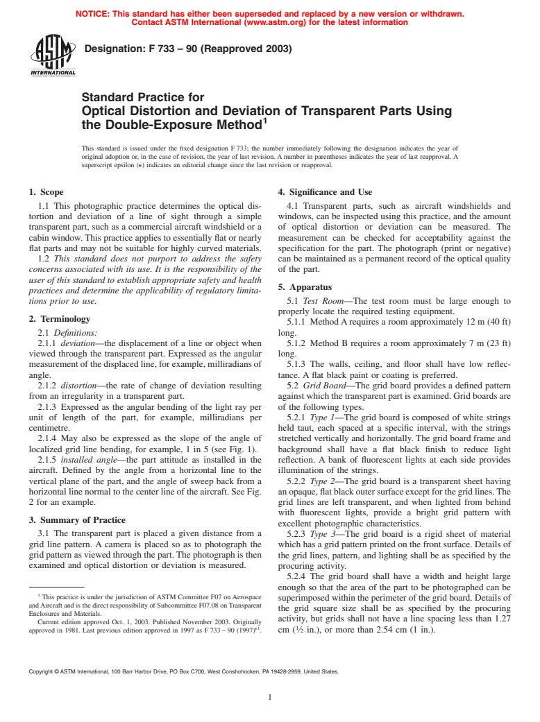 ASTM F733-90(2003) - Standard Practice for Optical Distortion and Deviation of Transparent Parts Using the Double-Exposure Method