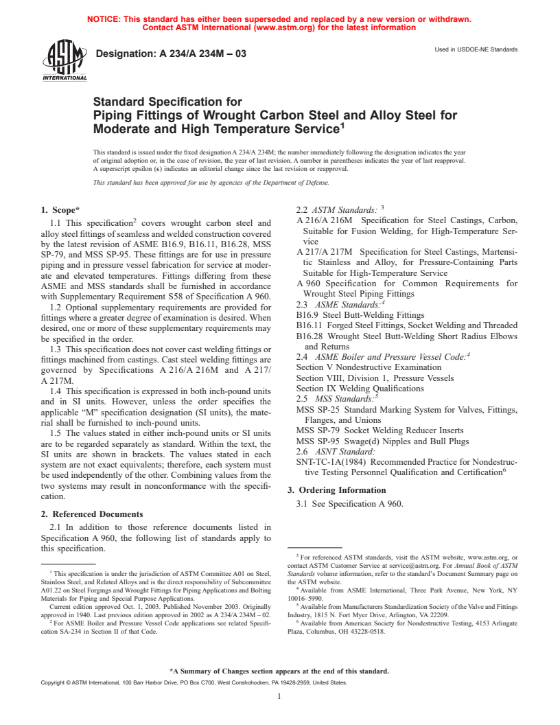 ASTM A234/A234M-03 - Standard Specification for Piping Fittings of Wrought Carbon Steel and Alloy Steel for Moderate and High Temperature Service